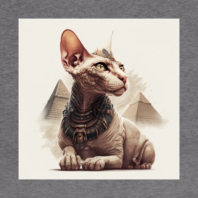 Illustration of a sphinx cat looking away with a crown on his head against the pyramids by KOTYA